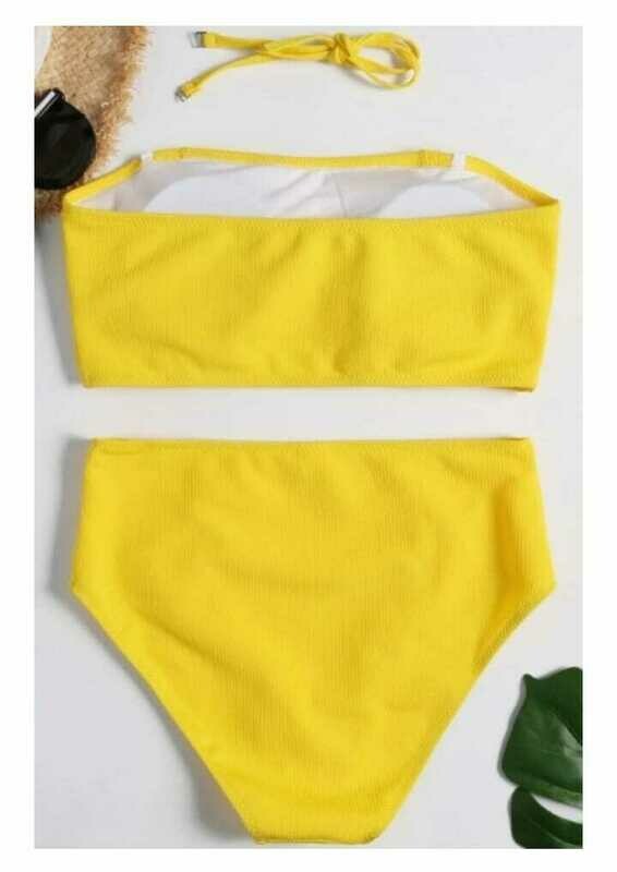 Plain Sleeveless Top with Button Front High Waist Bottom Bikini Swimwear
BH-OI