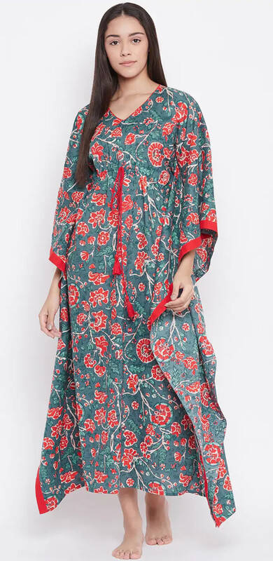 LAK LUUM Teal Blue &amp; Red Floral Printed Nightdress  MYN-OE