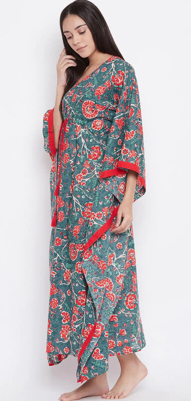 LAK LUUM Teal Blue &amp; Red Floral Printed Nightdress  MYN-OE