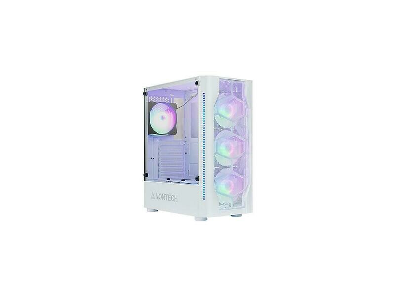 Montech X1 White ATX Mid-Tower Case/High Airflow, Front Mesh Ventilation, Tempered Glass Side Panel, Pre-Installed 4 x 120mm Autoflow Rainbow LED Fans Montech X1 White ATX Mid-Tower Case/High Airflow, Front Mesh Ventilation, Tempered Glass Side Panel, Pre-Installed 4 x 120mm Autoflow Rainbow LED Fans