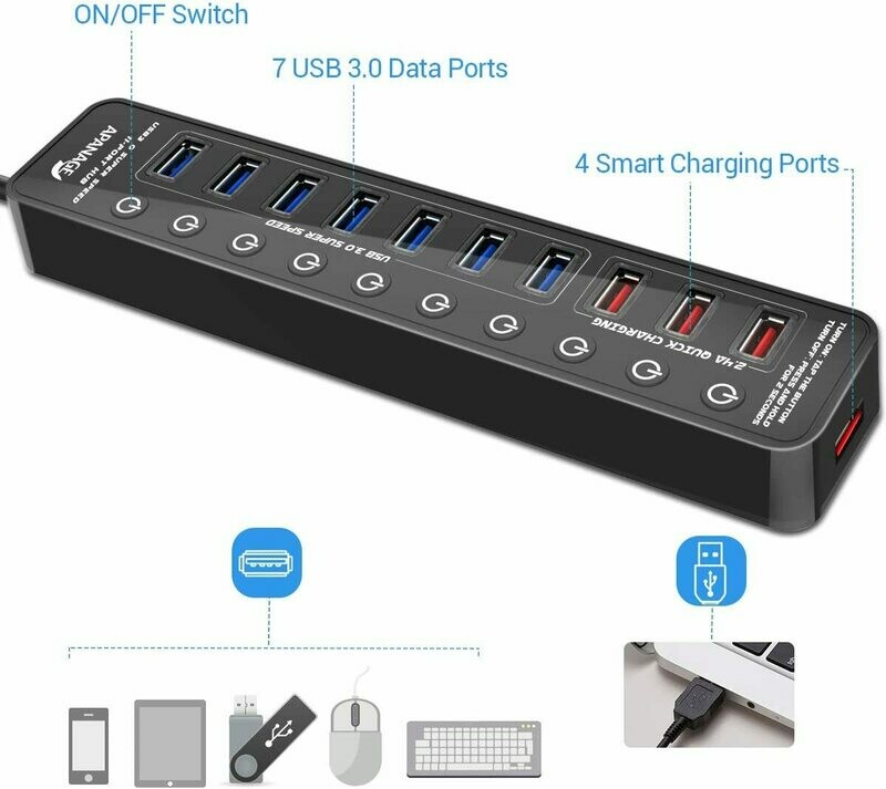 APANAGE Powered USB 3.0 Hub, 11 Ports USB Hub Splitter (7 High Speed Data Transfer Ports + 4 Smart Charging Ports) with Individual On/Off Switches and 48W Power Adapter APANAGE Powered USB 3.0 Hub, 11 Ports USB Hub Splitter (7 High Speed Data Transfer Ports + 4 Smart Charging Ports) with Individual On/Off Switches and 48W Power Adapter