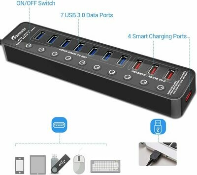 APANAGE Powered USB 3.0 Hub, 11 Ports USB Hub Splitter (7 High Speed Data Transfer Ports + 4 Smart Charging Ports) with Individual On/Off Switches and 48W Power Adapter APANAGE Powered USB 3.0 Hub, 11 Ports USB Hub Splitter (7 High Speed Data Transfer Ports + 4 Smart Charging Ports) with Individual On/Off Switches and 48W Power Adapter