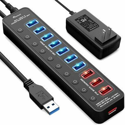 APANAGE Powered USB 3.0 Hub, 11 Ports USB Hub Splitter (7 High Speed Data Transfer Ports + 4 Smart Charging Ports) with Individual On/Off Switches and 48W Power Adapter APANAGE Powered USB 3.0 Hub, 11 Ports USB Hub Splitter (7 High Speed Data Transfer Ports + 4 Smart Charging Ports) with Individual On/Off Switches and 48W Power Adapter