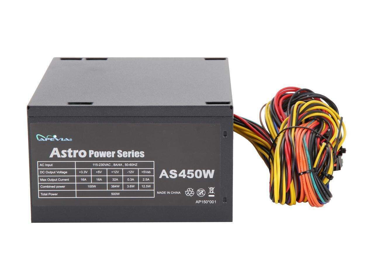 APEVIA ATX-AS450W Astro 450W ATX Power Supply with Auto-Thermally Controlled 120mm Fan