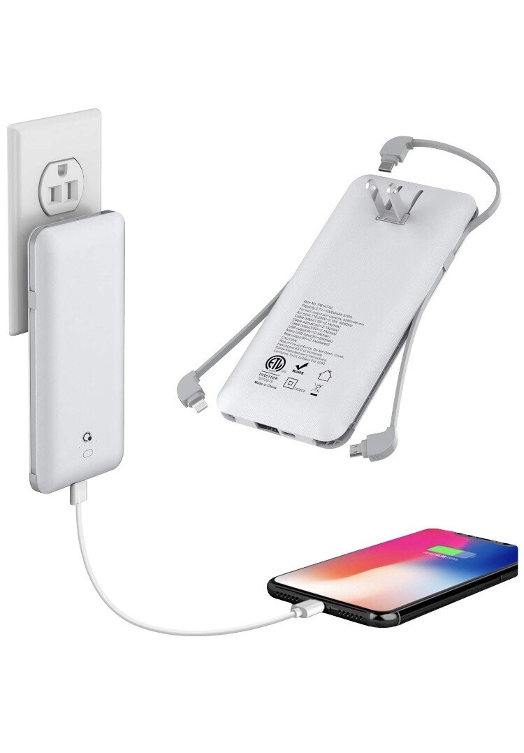 10000mAh Q Portable Charger, Ultra Slim USB C Power Bank, 4 Output Dual Input External Battery Pack with Built-in AC Wall Plug,Built in Micro and USB C Three Cables Compatible with All mobilephone