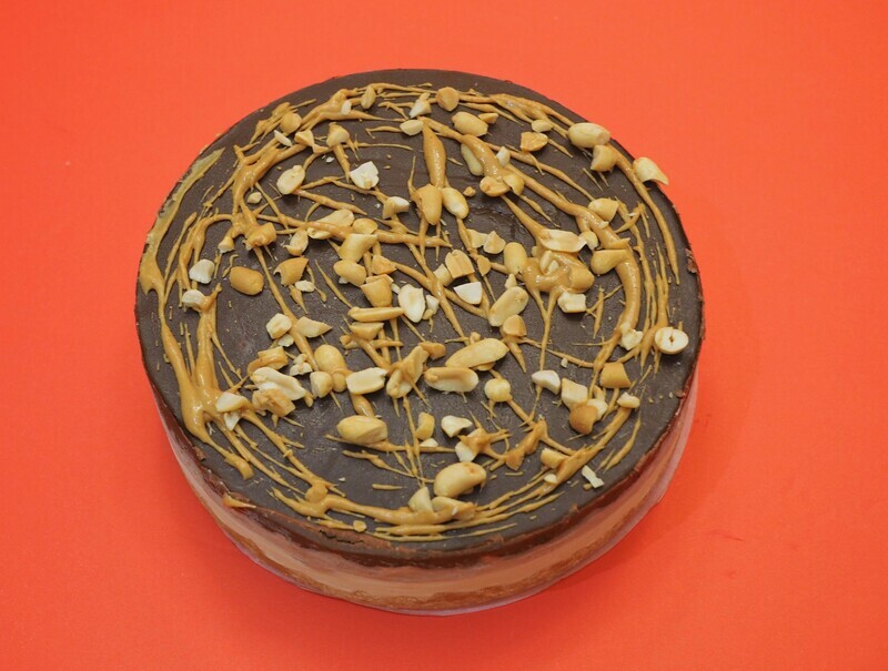 Vegan Snickers ice-cream cake. GLUTEN FREE AVAILABLE.