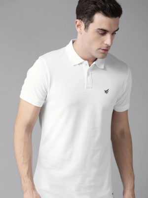 SANMIG Men White Solid Pure Cotton Polo Collar Lounge T-shirt