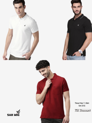 SANMIG Men Solid Pure Cotton Polo Collar Lounge T-shirt (White, Black & Maroon)