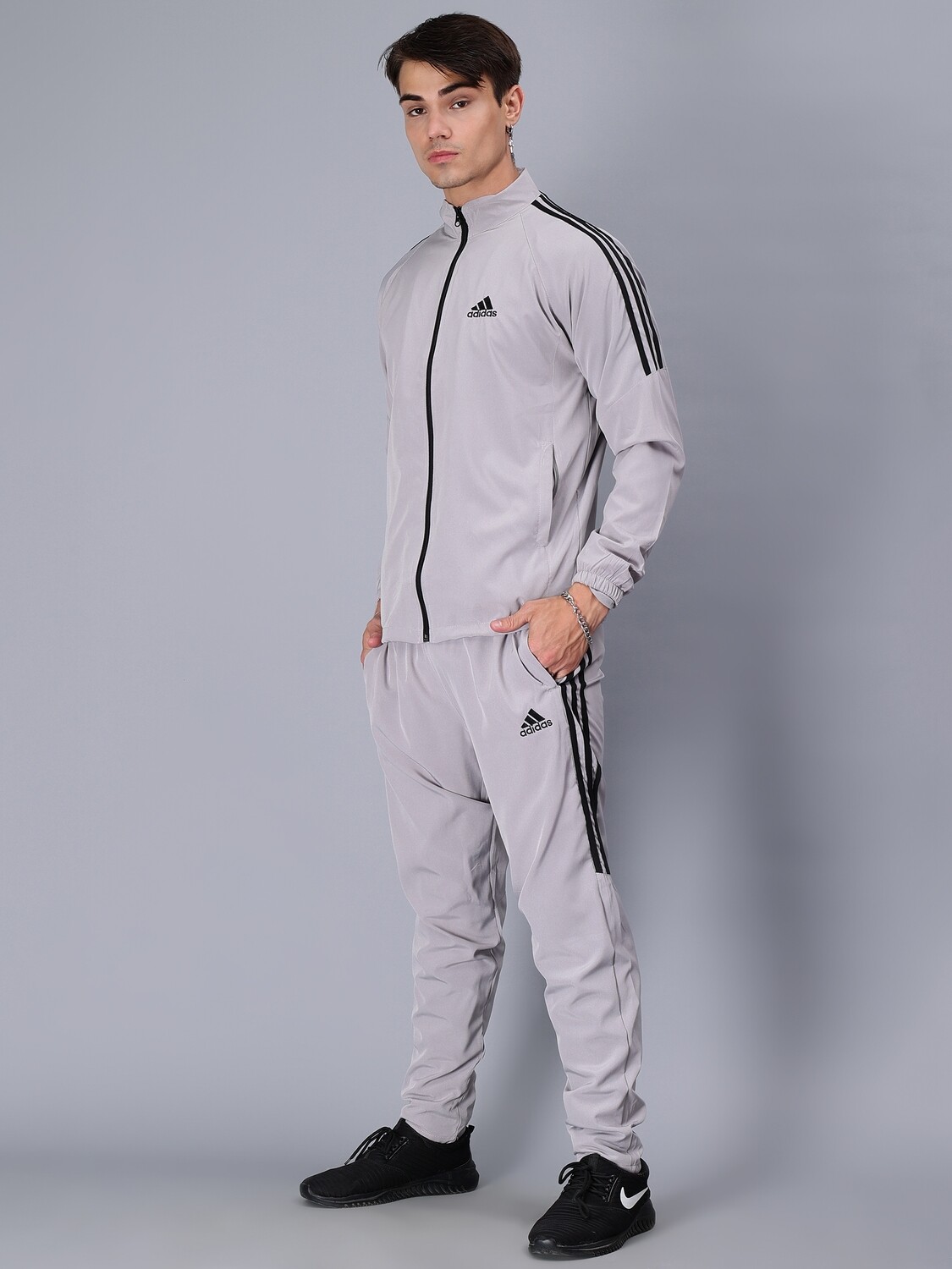ADIDAS Striped Men BLACK Track Suit Jacket Track Pant