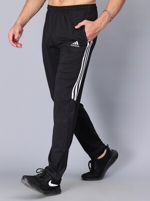 Adidas Solid & Casual Men Black half three white stripes Track Pants