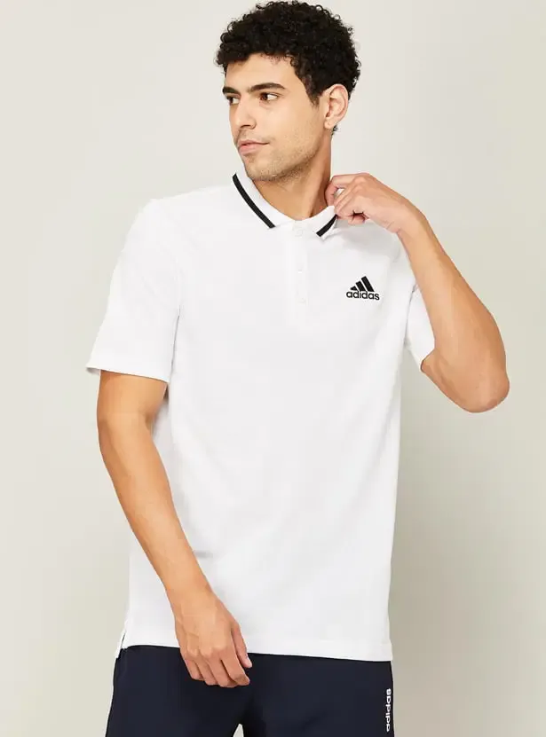 ADIDAS Men Solid Polo Neck Pure Cotton White T-Shirt