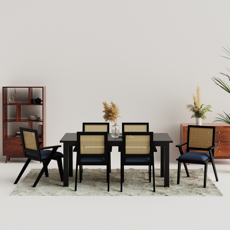 Roma-Flora Matte Black Dining Table Set - 6 Seater/175 cm