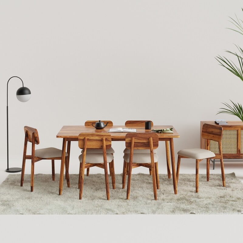 Stig Upholstered Dining Table Set - 4 & 6 Seater/150 cm - Provincial Teak Polish | Medium Honey Finish | Sheesham Natural Finish