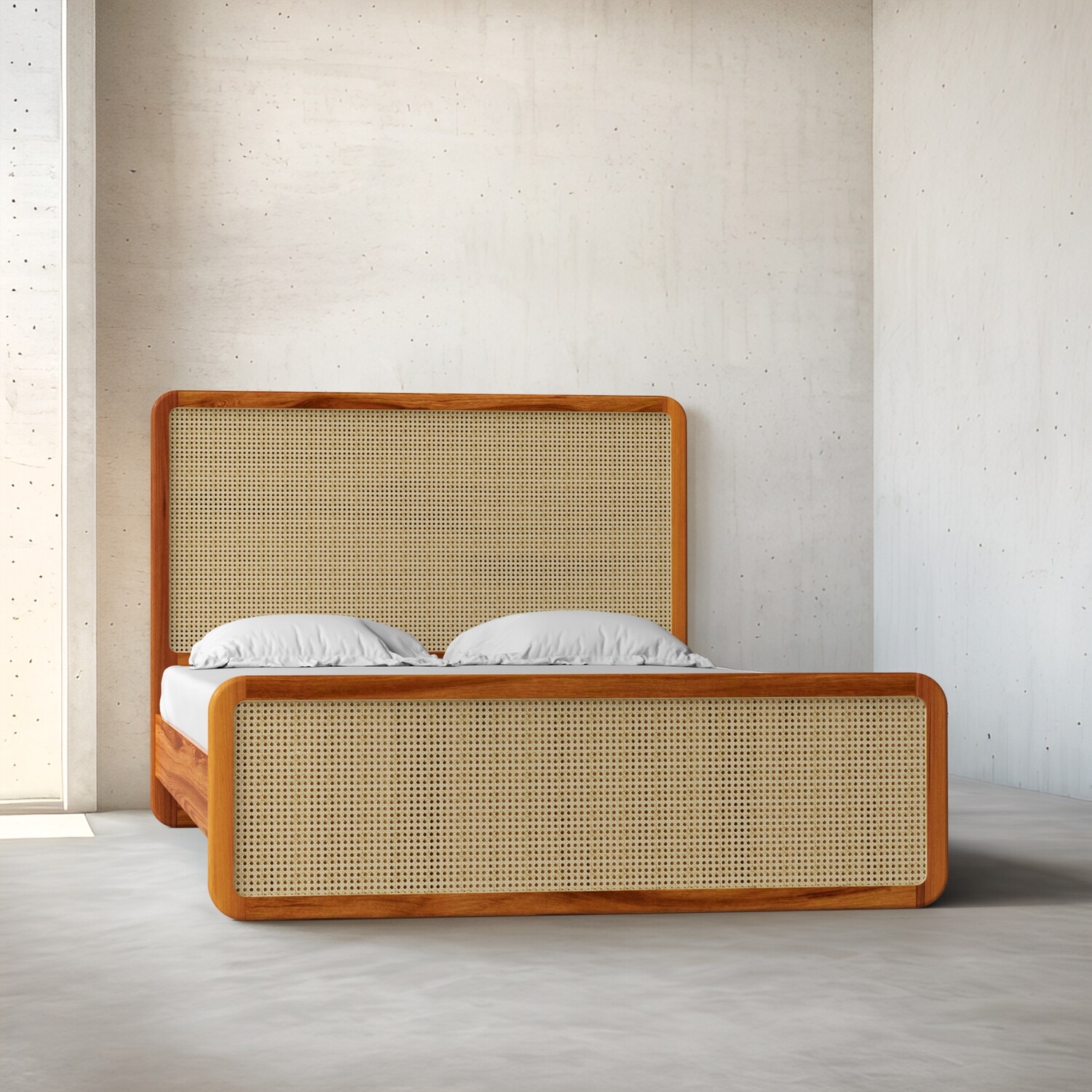 Julius Solid Acacia Wood and Natural Rattan Cane Bed