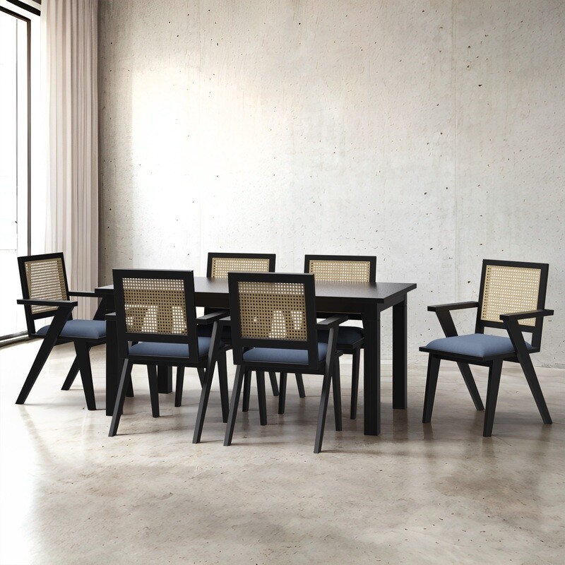 Roma-Flora Matte Black Dining Table Set - 6 Seater/175 cm