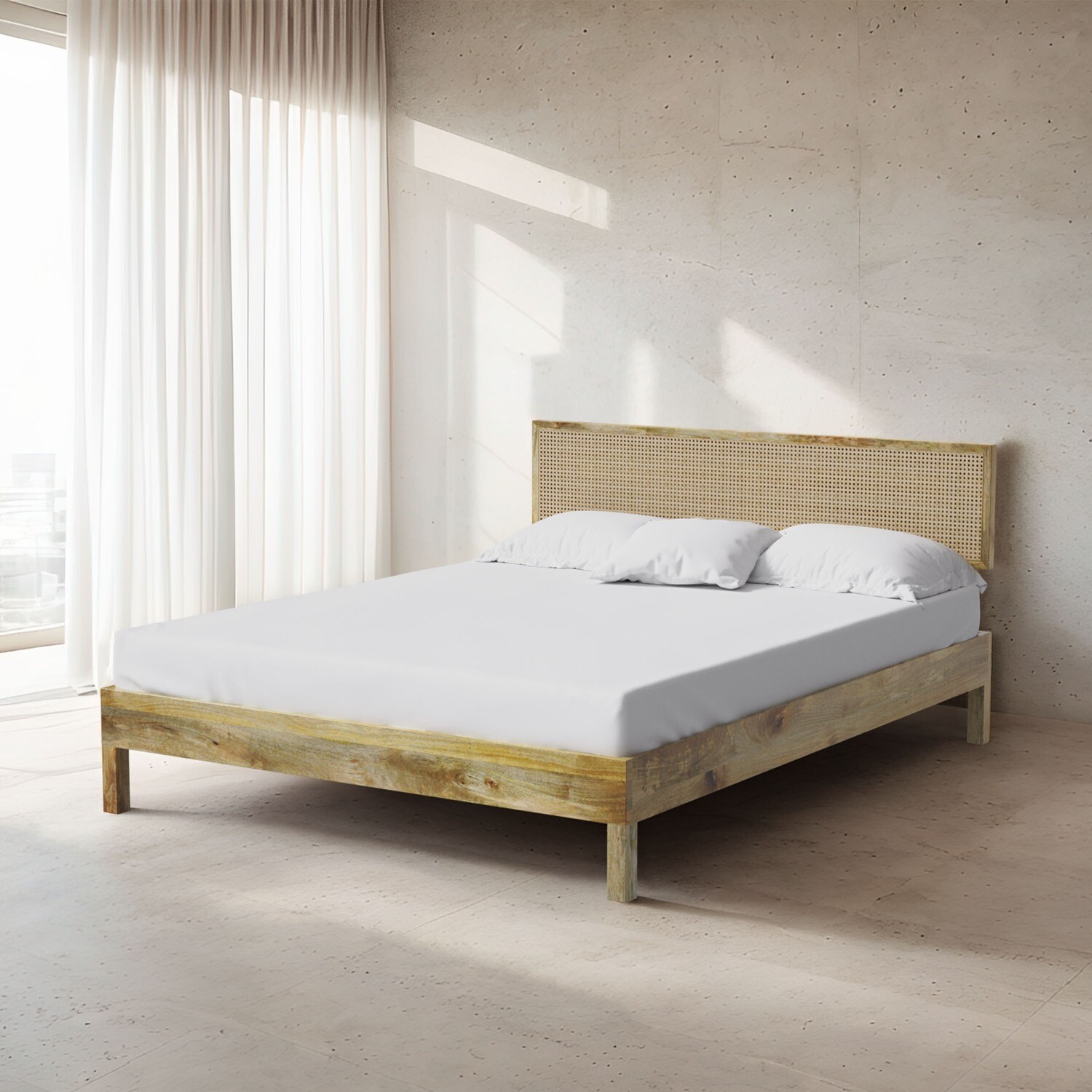 California Solid Wood Rattan Bed