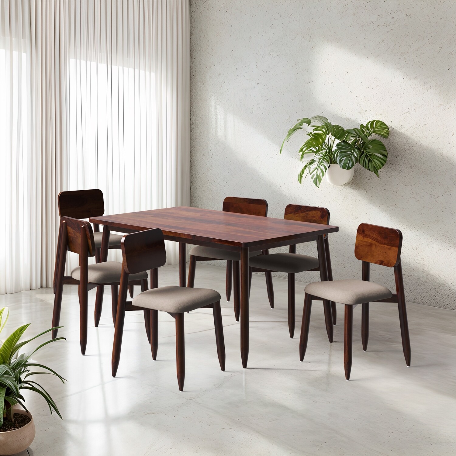 Stig Upholstered Dining Table Set - 6 Seater/150 cm - Provincial Teak Polish | Medium Honey Finish | Sheesham Natural Finish