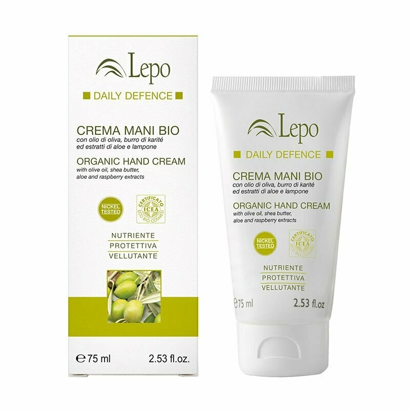 CREMA MANI BIO all’olio di oliva, burro di karitè ed estratti di aloe e lampone