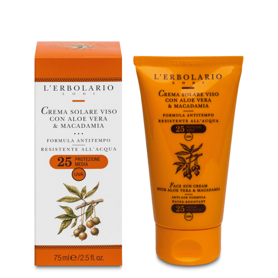 Crema Solare Viso Anti-tempo SPF 25
Crema solare per il viso protezione media con effetto antietà all'Aloe Vera e Macadamia
