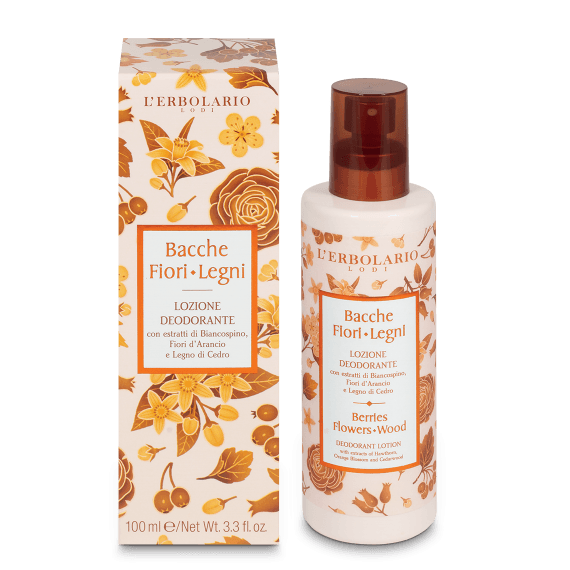 Lozione Deodorante Bacche Fiori Legni
con estratti di Biancospino, Fiori d'Arancio e Legno di Cedro