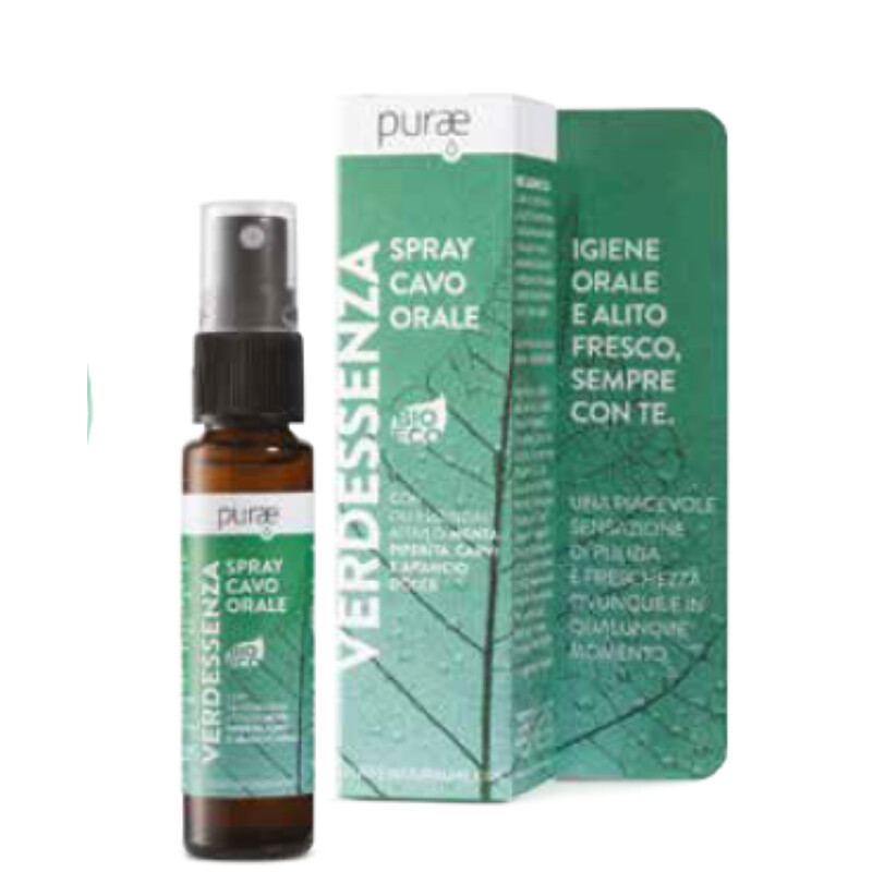 Purae - Verdessenza Spray cavo orale
Igiene orale e alito fresco. Con oli essenziali di menta, carvi e arancio