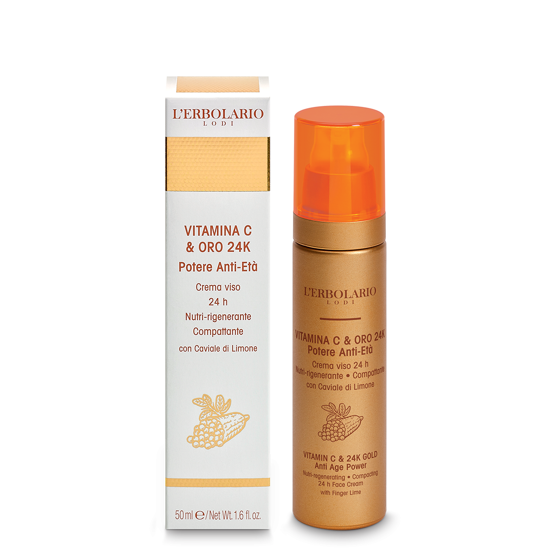 Vitamina C & Oro 24K
Crema Viso Vitamina C & Oro 24K

Crema viso 24h Nutri-rigenerante Compattante

Potere Anti-Età