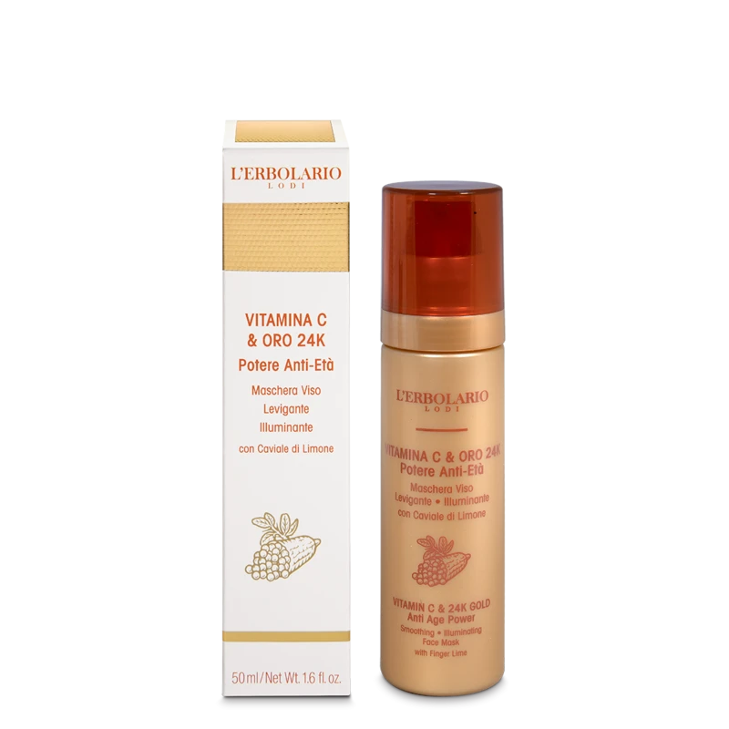Maschera Viso Vitamina C & Oro 24K

Maschera Viso Levigante e Illuminante

Potere Anti-Età