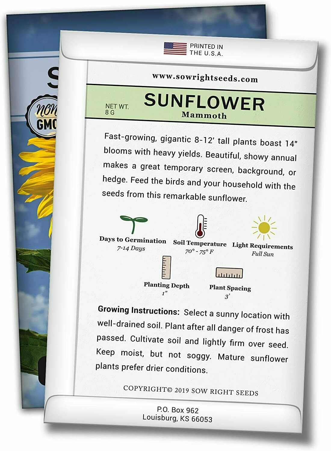 Sow Right Seeds - Mammoth Sunflower Seeds to Plant and Grow Giant Sunflowers in Your Garden; Non-GMO Heirloom Seeds; Full Instructions for Planting; Wonderful Gardening Gifts (1).
