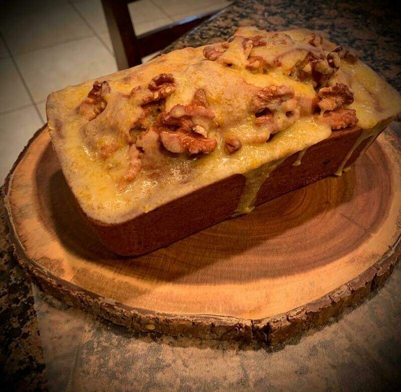 Banana bread with sour cream orange glaze