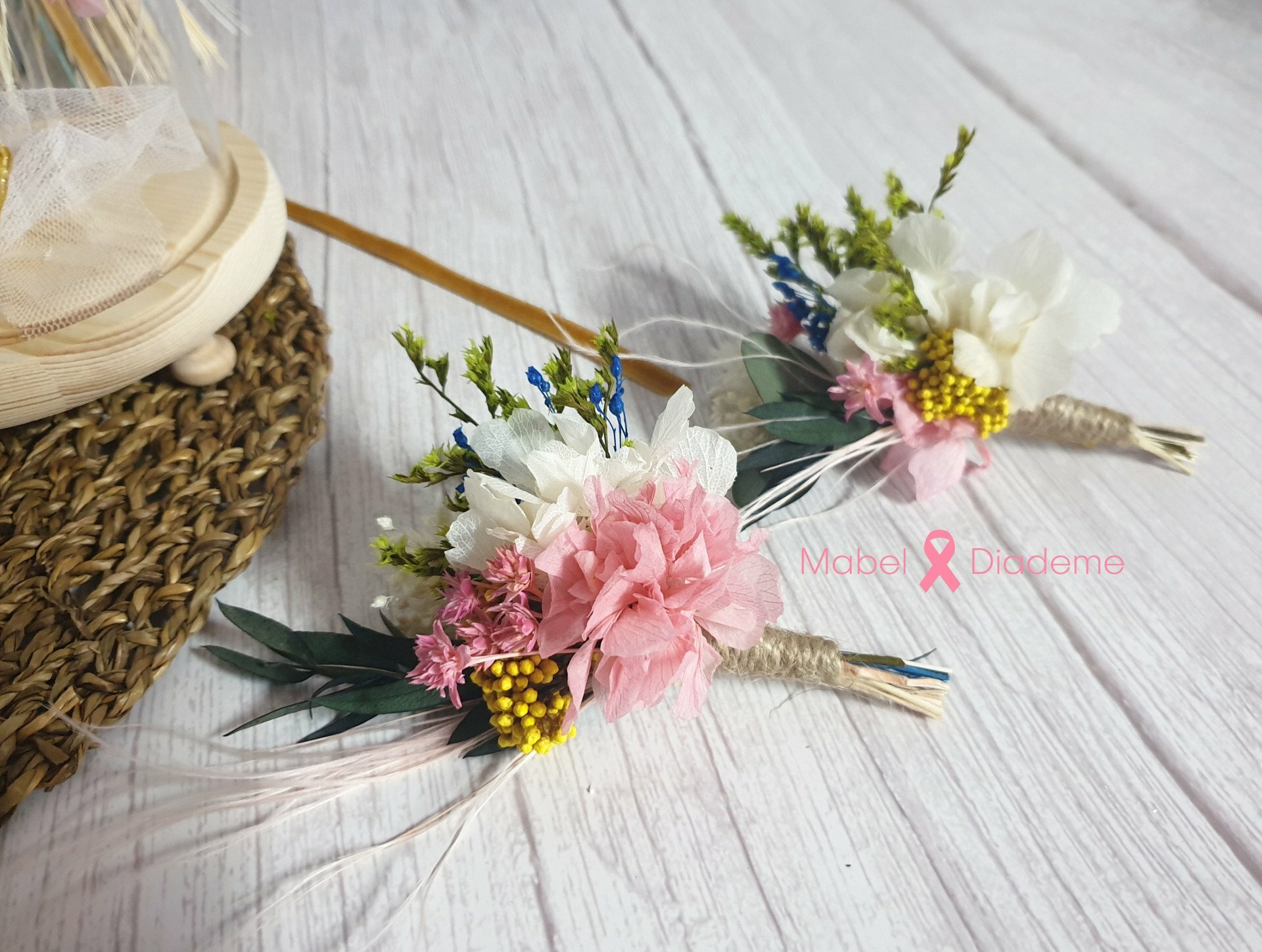 Ramo novia silvestre flores preservadas verde y mostaza