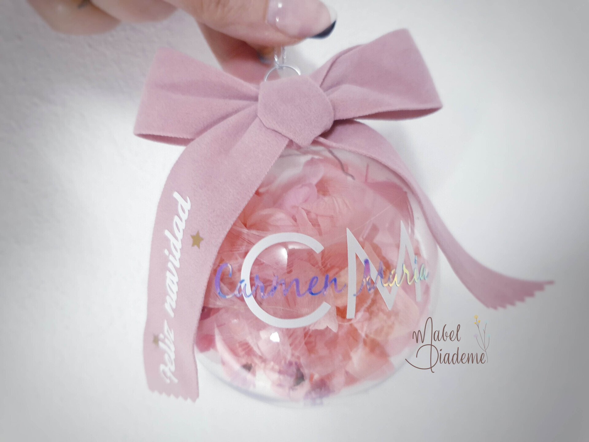 Bola de navidad personalizada nombre con flores preservadas