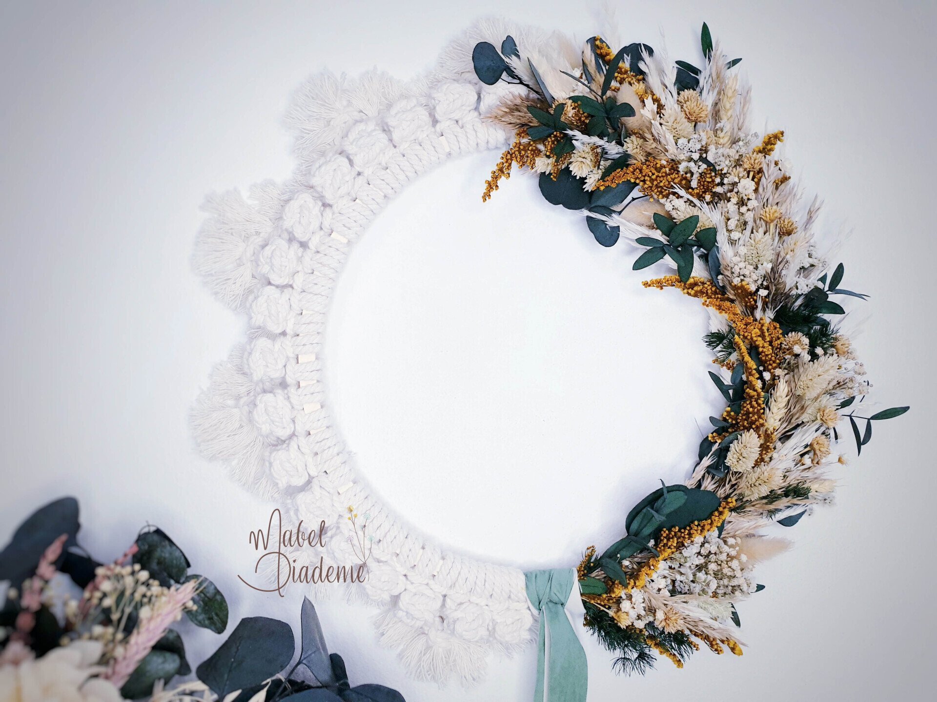 Bastidor colgante aro madera macramé flores preservadas decoración hogar