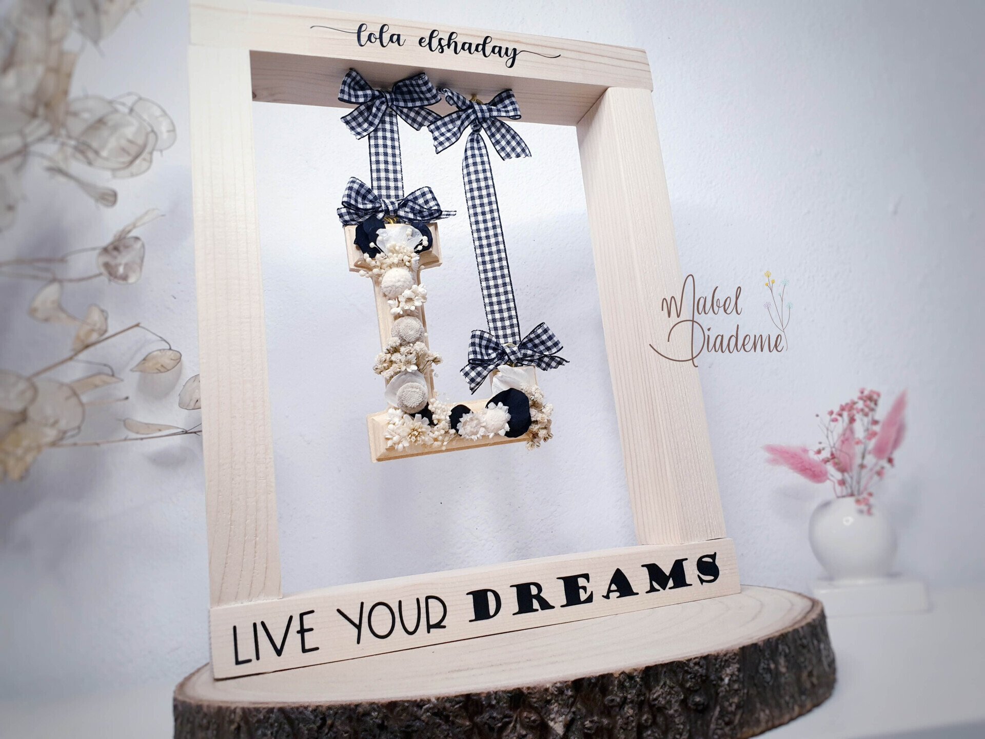 Columpio de madera inicial marco flores preservadas regalos bonitos y originales