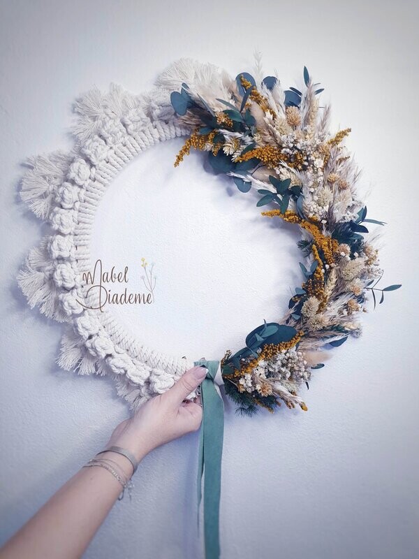 Bastidor colgante aro madera macramé flores preservadas decoración hogar