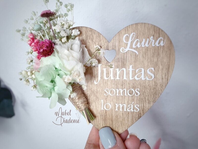 Corazón de madera imán ramillete flores preservadas regalos bonitos
