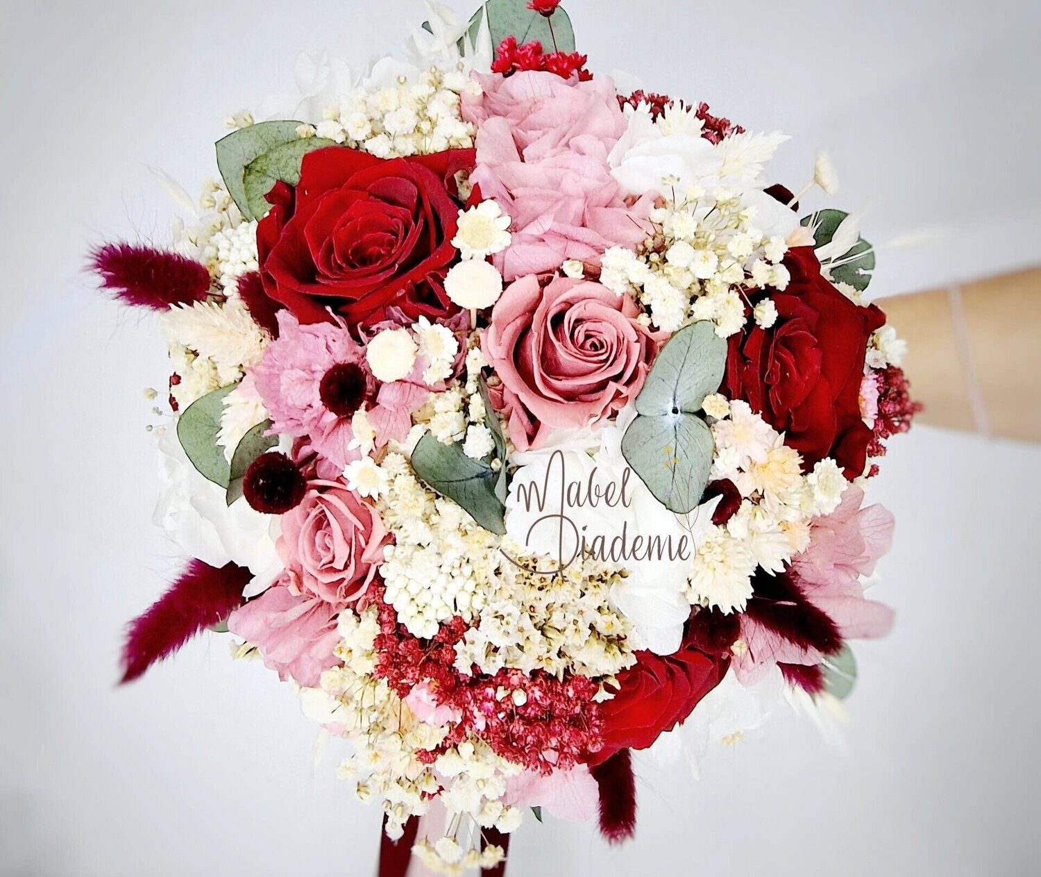 Ramo de novia silvestre rosas rojas burdeos flores preservadas