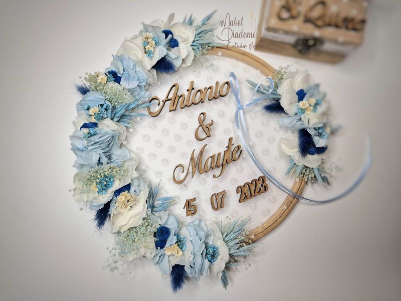 Bastidor de flores preservadas azul celeste caja de arras