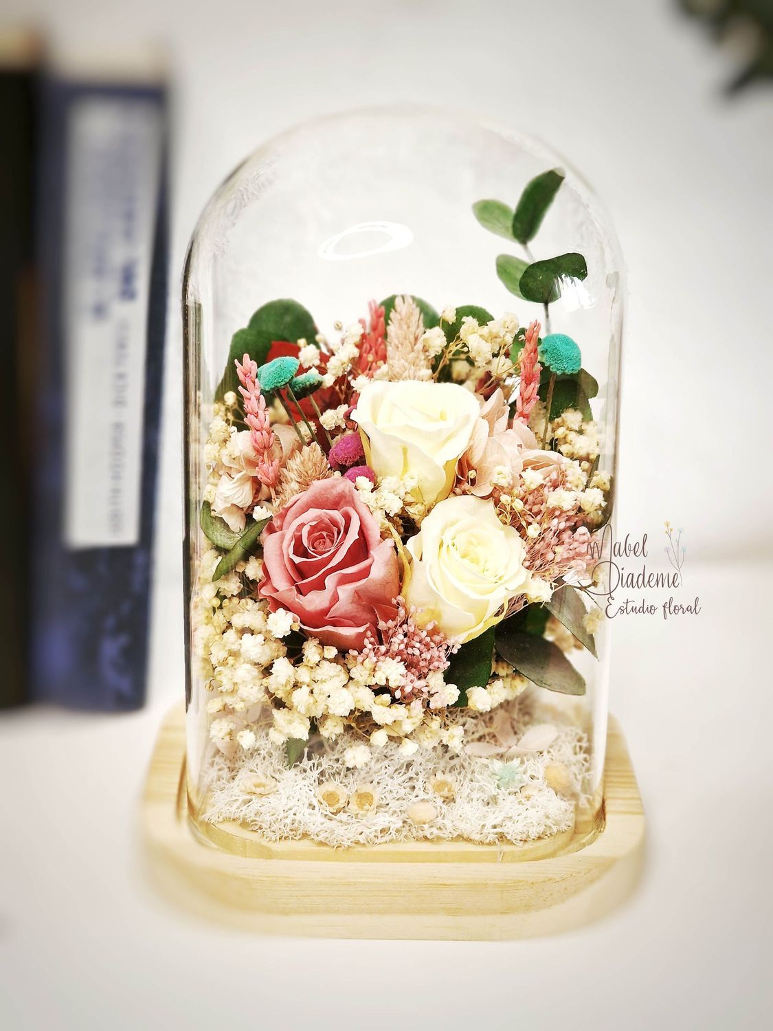 Cúpula de cristal ramo replica flores preservadas bodas regalos bonitos y originales