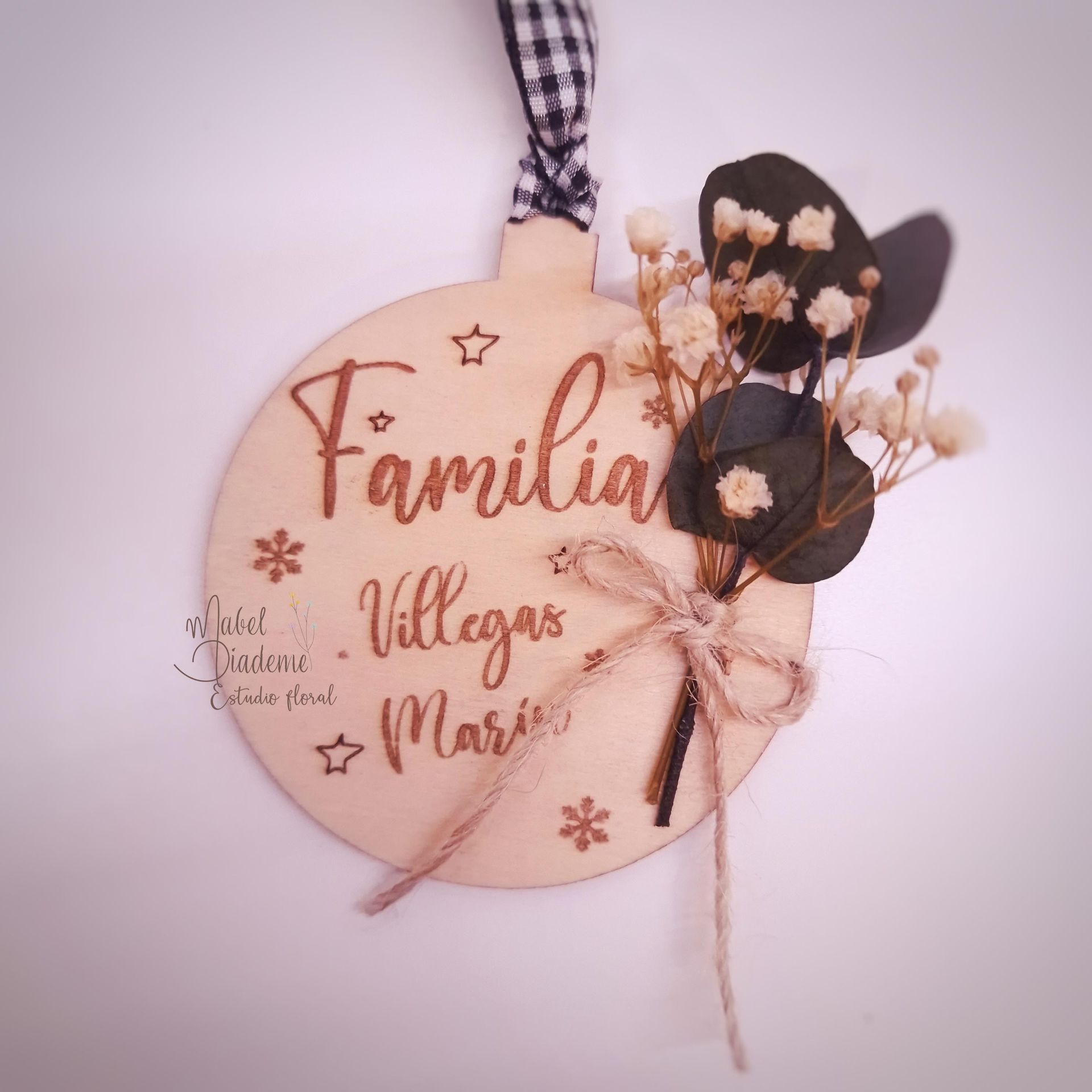 Bola madera navidad árbol navidad lazo vichy flores preservadas