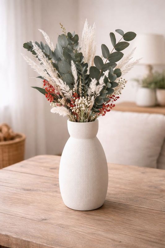 Centro de flores preservadas con jarrón en impresión 3D