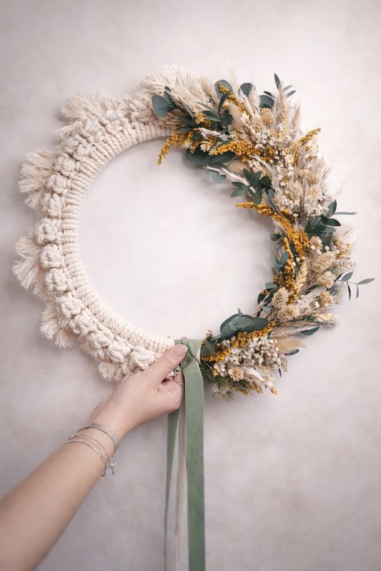 Bastidor colgante aro madera macramé flores preservadas decoración hogar