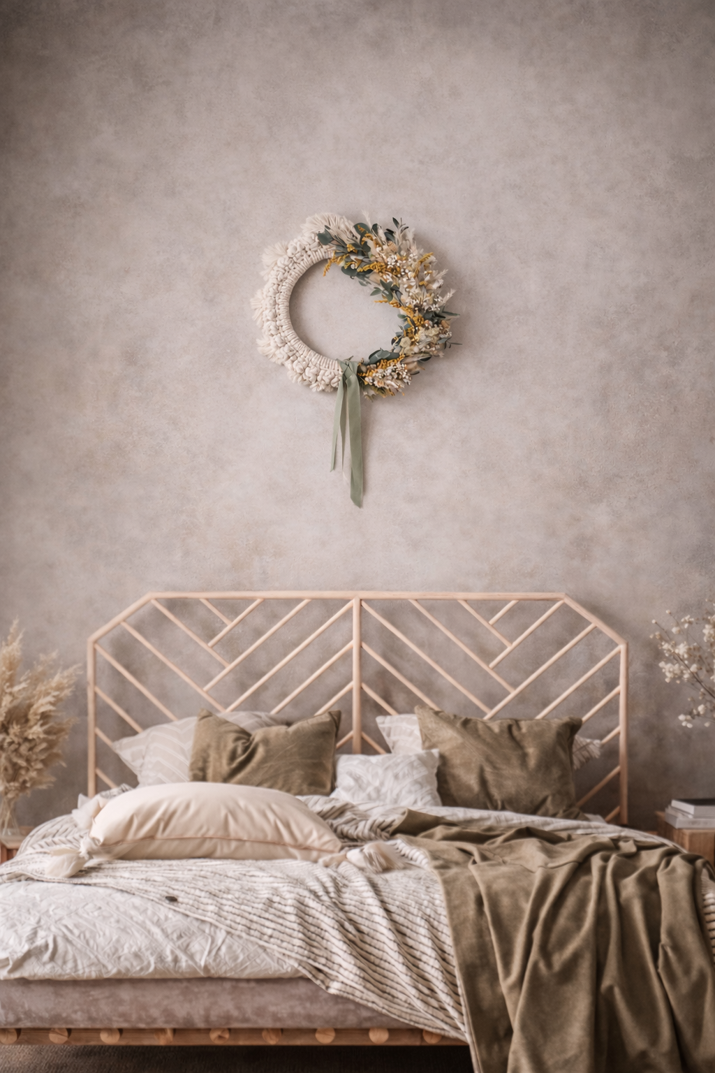 Bastidor colgante aro madera macramé flores preservadas decoración hogar