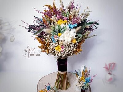 Bouquet novia preservado burdeos mostaza y azul Bouquet novia preservado burdeos mostaza y azul