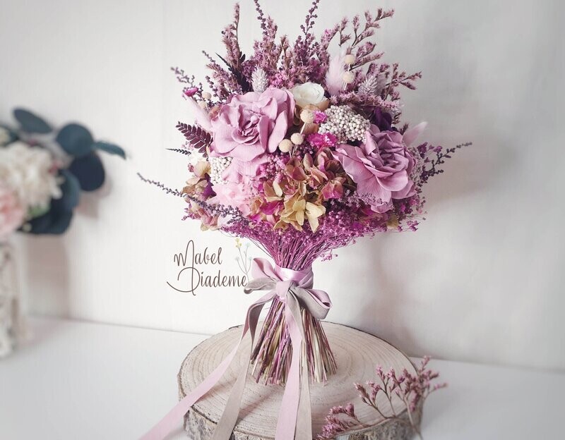 Bouquet novia preservado burdeos y rosa vintage