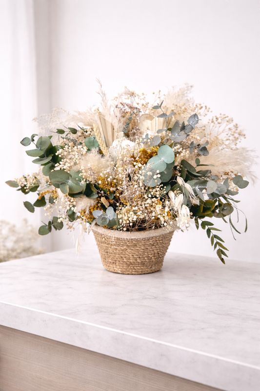 Cesto de yute estilo boho chic nórdico flores preservadas