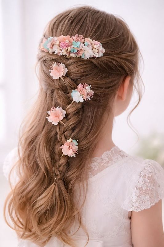 Tocado de Flores Preservadas Rosa Empolvado – Niñas de Comunión, arras y novia