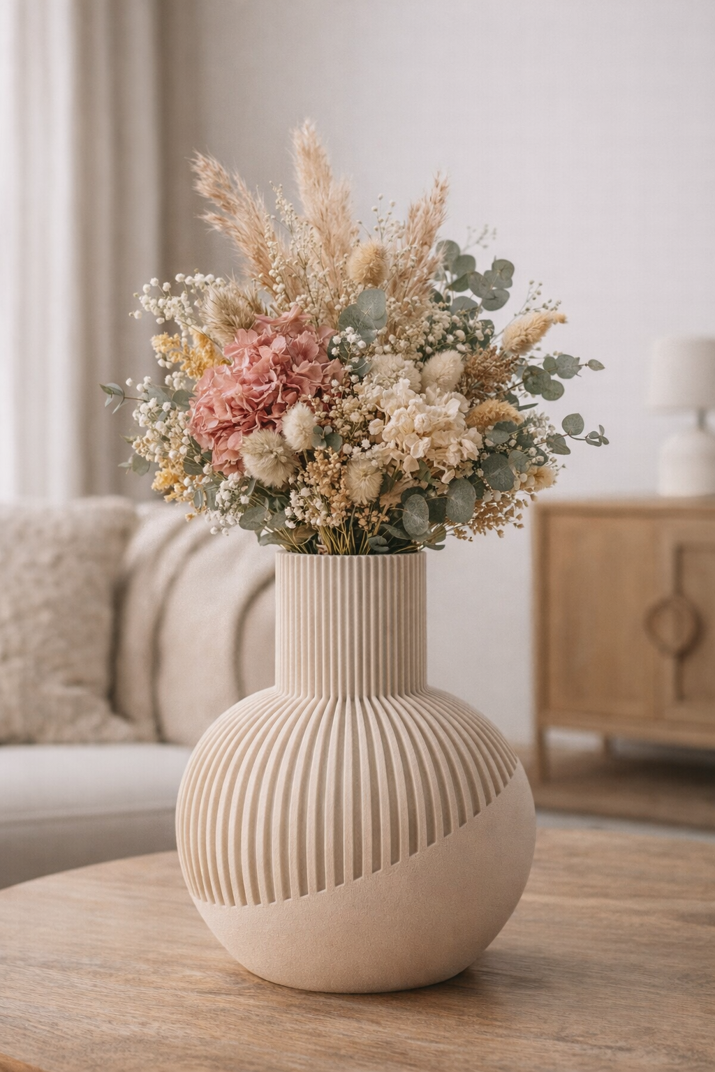 Jarrón flores preservadas hortensia rosa