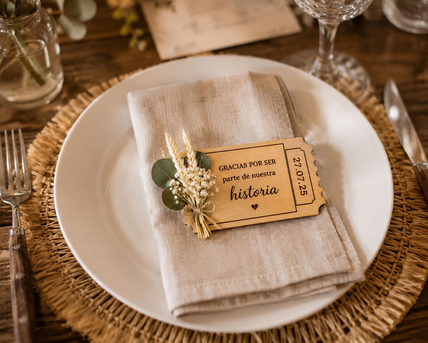 Ticket personalizado de madera con flores preservadas para invitados Ticket personalizado de madera con flores preservadas para invitados
