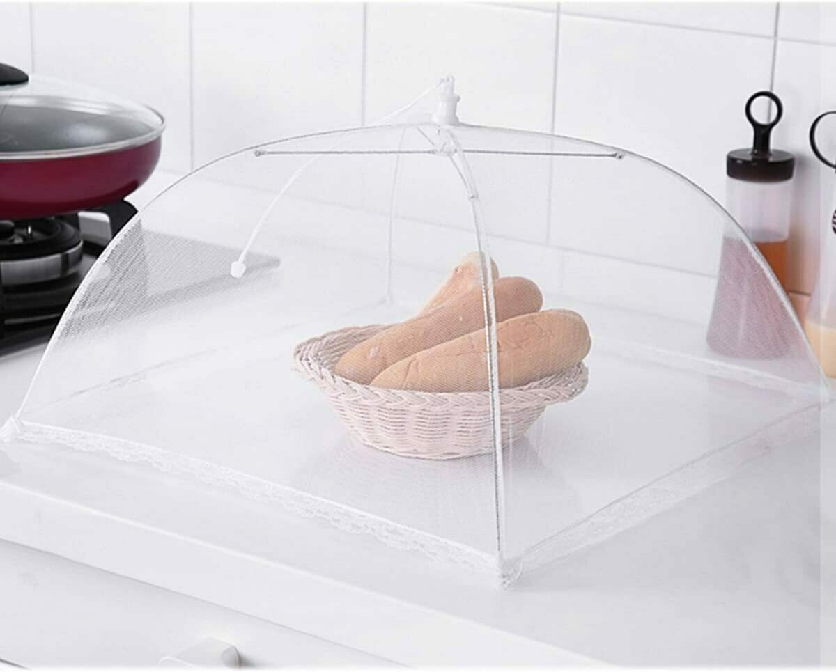 Simply Genius large lengthened 17 x 17 pop-up mesh food cover tent umbrella is suitable for outdoor use, insect screen tent protective film, reusable and foldable, white