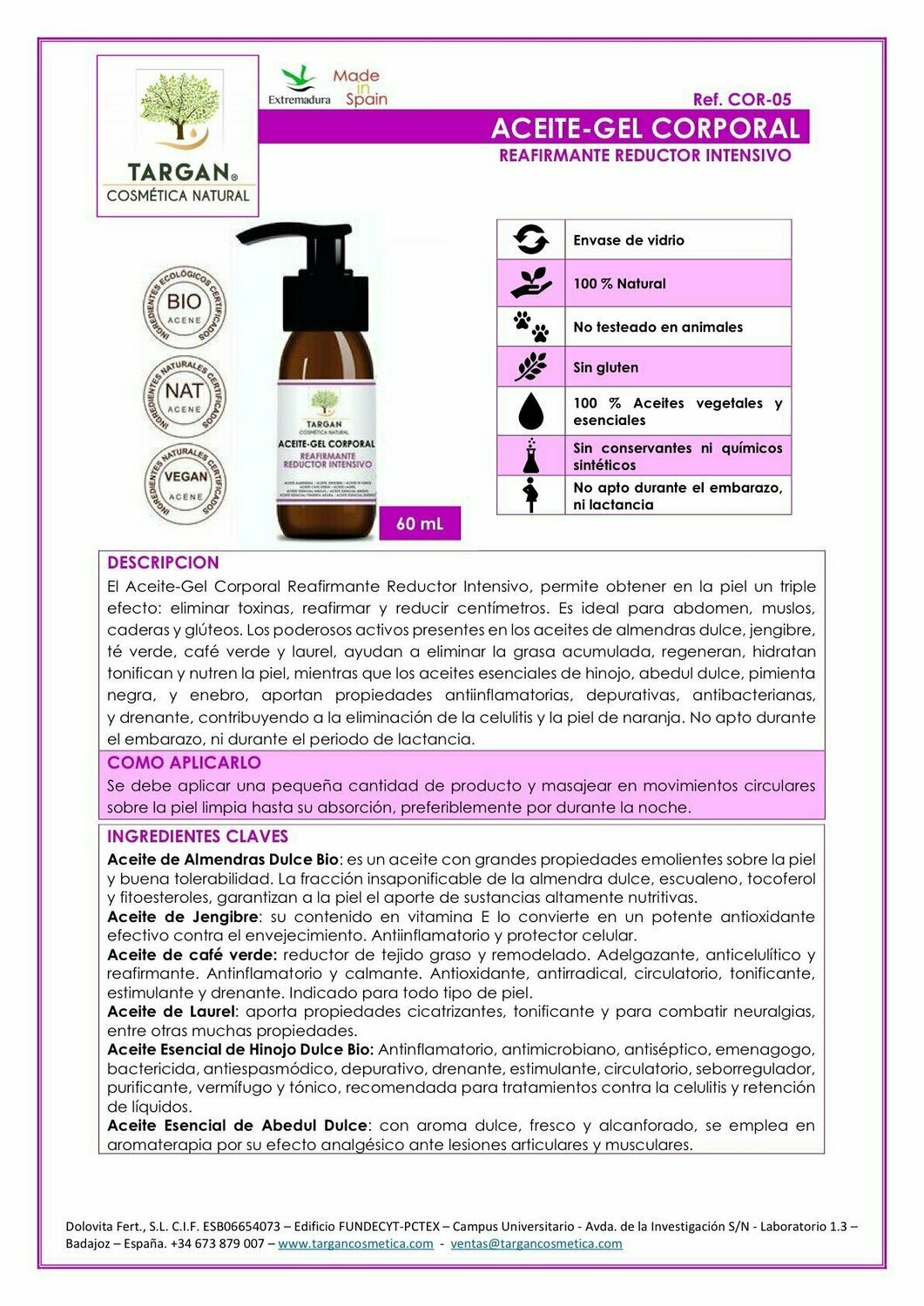 Aceite-Gel Corporal Reafirmante Reductor Intensivo (Ref.COR-05)